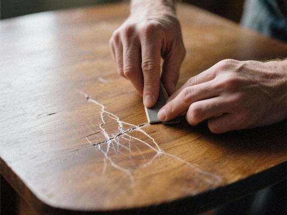 Behandling af en ridse på et træbord