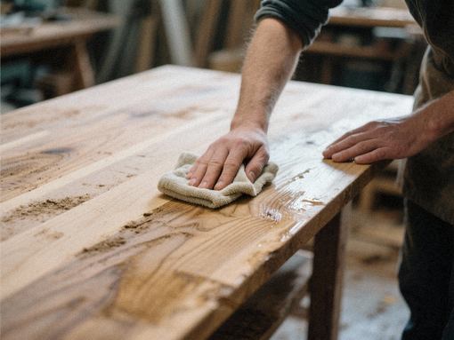 Person rengør træoverflade på et bord